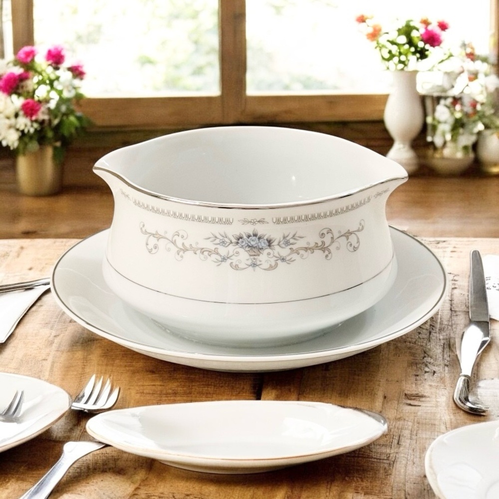 Diane Fine Porcelain China, beautiful gravy boat with attached plate.